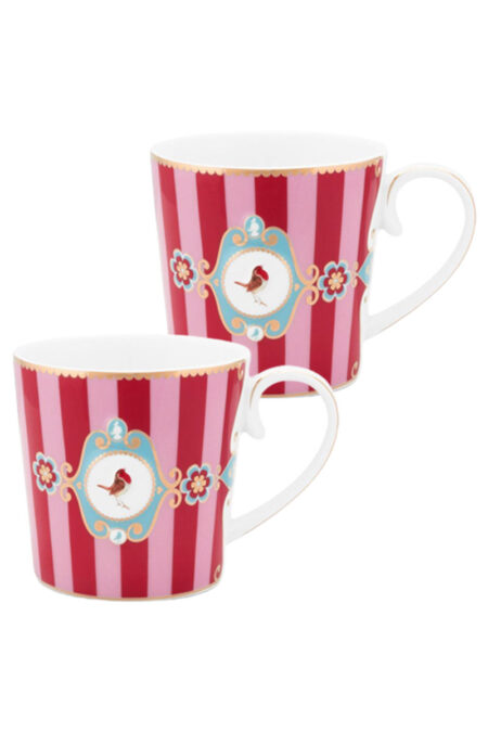 Pip Studio Love Birds 250ml Kupa Medium Mug Kırmızı Pembe Çizgili (2 ADET)