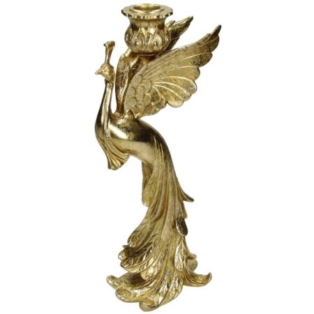 Kersten Tavuskuşu Formlu Mumluk 30cm Stick Mum İçin Gold Mumluk Altın Sarısı