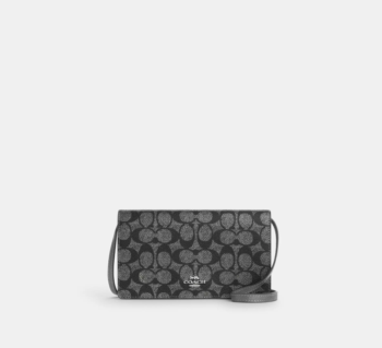 COACH Anna Clutch Crossbody Kadın Çantası Uzun Askılı Kanvas Gri Siyah Coach Baskılı