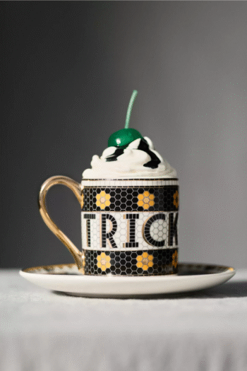 Anthropologie Bistro Türk Kahvesi Fincanı Halloween Edition Trick Treat Siyah Sarı Beyaz