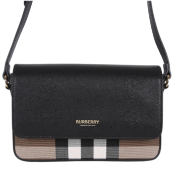 Burberry New Hampshire Kadın Çanta Siyah Uzun Askılı Kol Çantası Deri Kapak Check Desen