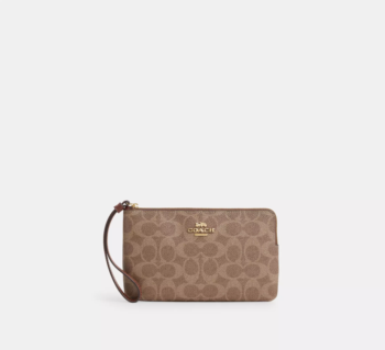COACH Large Cüzdan Köşe Fermuarlı Bileklikli Kanvas Açık Kahverengi Coach Baskılı